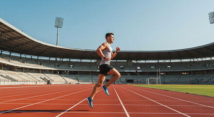 Naklejka premium A determined athlete sprinting towards victory on a sun-drenched stadium track, showcasing unwavering focus and powerful strides under a bright sky.