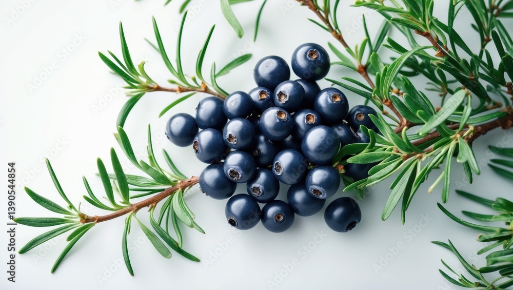 Aufkleber Juniper branch with berries captured in a close-up macro shot on a white background