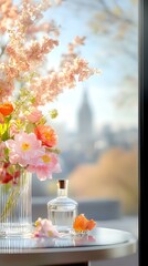 Delicate pink and coral flowers in crystal vase with glass bottle on marble table, soft city view through window, dreamy morning light creates romantic atmosphere.