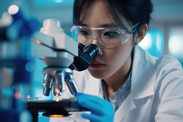 Medical Science Laboratory: Portrait of Asian Scientist Looking Under Microscope
