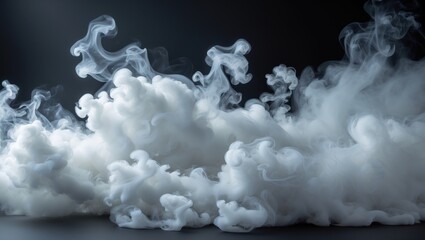 Naklejka premium White vapor smoke clouds isolated on a black backdrop. Gas explodes, swirls, and dances in space. A magical fog dust texture effect.