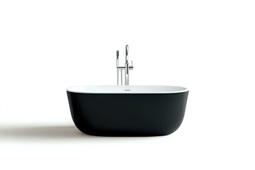 Modern black freestanding bathtub with chrome faucet on white background, minimalist bathroom interior design element, isolated luxury spa fixture.