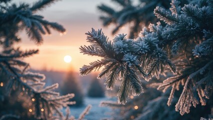 Christmas tree branches glowing in the sunset