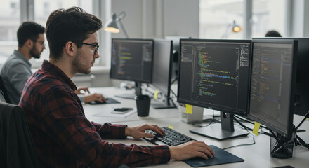 A focused programmer diligently crafting code, immersed in a world of digital innovation, within a modern, bright office setting featuring dual monitors.