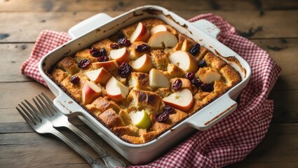 Dried cranberry and pear breakfast casserole with bread pudding