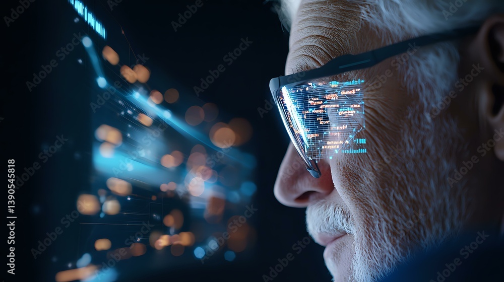 Aufkleber senior man with glasses looking at futuristic digital data visualization, blue holographic interface