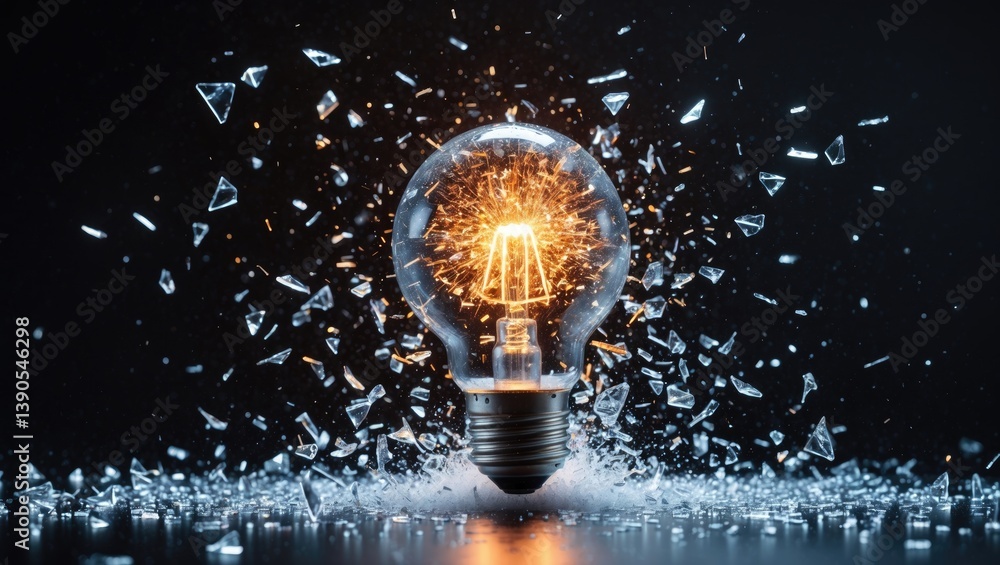 Aufkleber Brilliant glass light bulb shatters while radiating light with a rapid object in a dark setting stock image