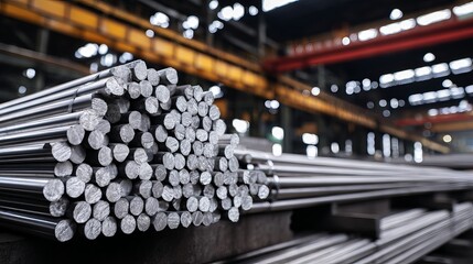 Industrial Steel Rods Metal Bars Factory Warehouse Production Manufacturing Strong Durable Material Supply Chain Logistics Heavy Industry Metalwork Engineering Supplies Stacked Metal Rods Close Up    