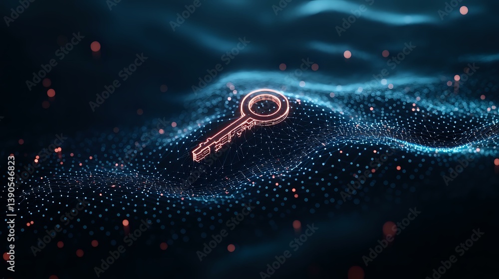 Poster glowing key symbol floating over abstract blue particle wave background with scattered light dots an