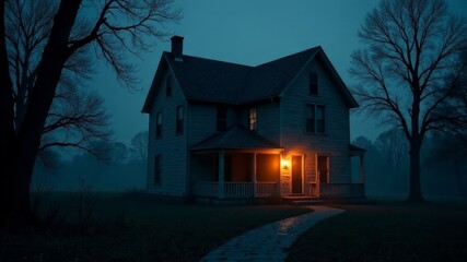 old dilapidated house with light inside at night in the forest.