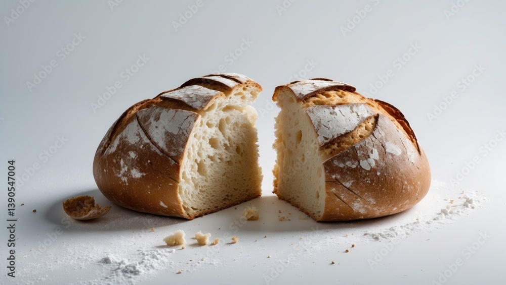 Poster half of fresh bread broken and isolated on a white background