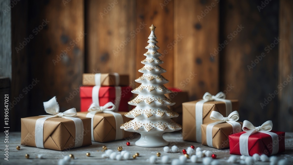 Poster white christmas tree decoration on a shelf with rustic gift boxes. side profile against a wall backd