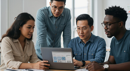 A diverse team collaborates intensely on a laptop, their focused expressions revealing a shared purpose and dedication to their project, bathed in soft, natural light.