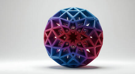 Intricate 3D Geometric Sphere Structure with Vibrant Blue and Red Gradient