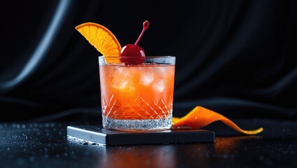 whiskey sour cocktail served on the rocks decorated with an orange slice and a maraschino cherry