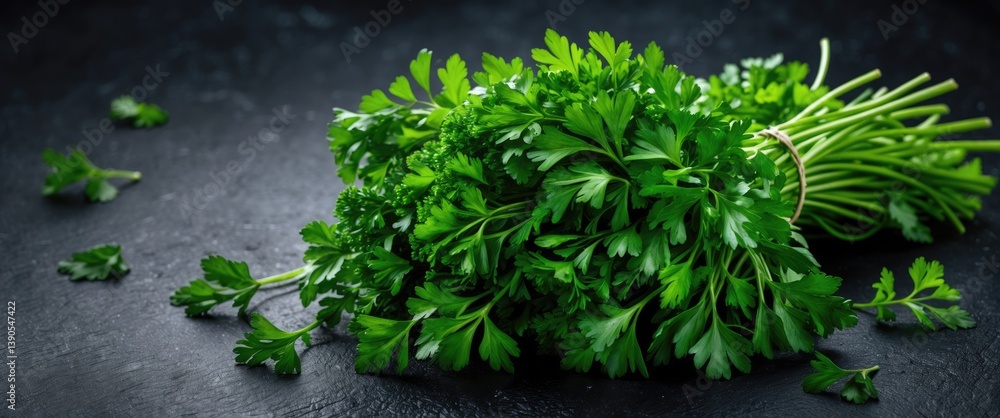 Poster Bunch of parsley on a black background with text space. Overhead view.