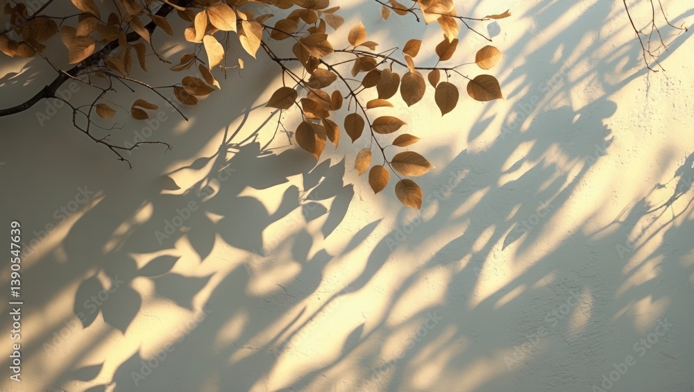 Poster Tree branch and leaves shadow backdrop. Natural leaves from tree branches creating dark shadows and sunlight dappling on white wall texture suitable for background wallpaper and design.