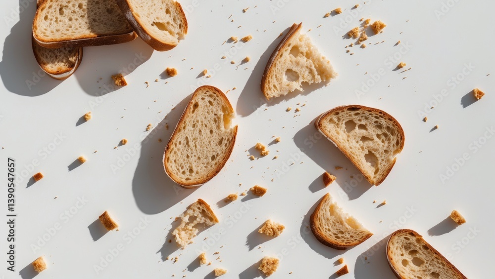 Poster isolated bread slices and crumbs on a white backdrop. aerial perspective