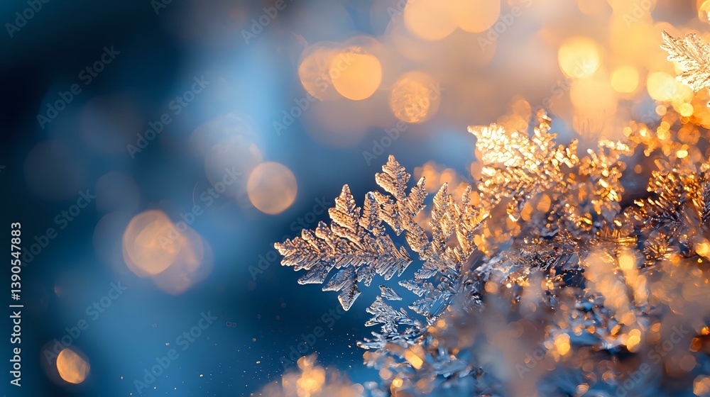 Poster delicate snowflake crystal macro with golden bokeh lights on blue background. natural winter frost p