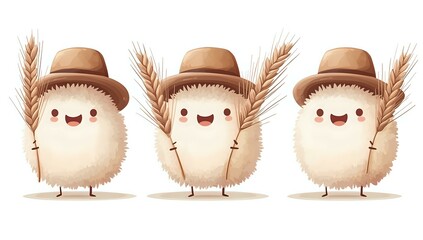 Obraz premium Cute cartoon wheat characters wearing brown hats and holding stalks, smiling with kawaii faces on isolated background. For children's book illustrations and farming themes.