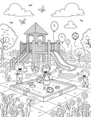 Fototapeta premium A black and white coloring page illustration of children playing in a park playground
