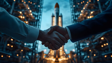 Partnership for progress: A handshake signifies a collaboration in the space industry, against a backdrop of a rocket and its launch infrastructure. A mutual agreement for a shared space future.