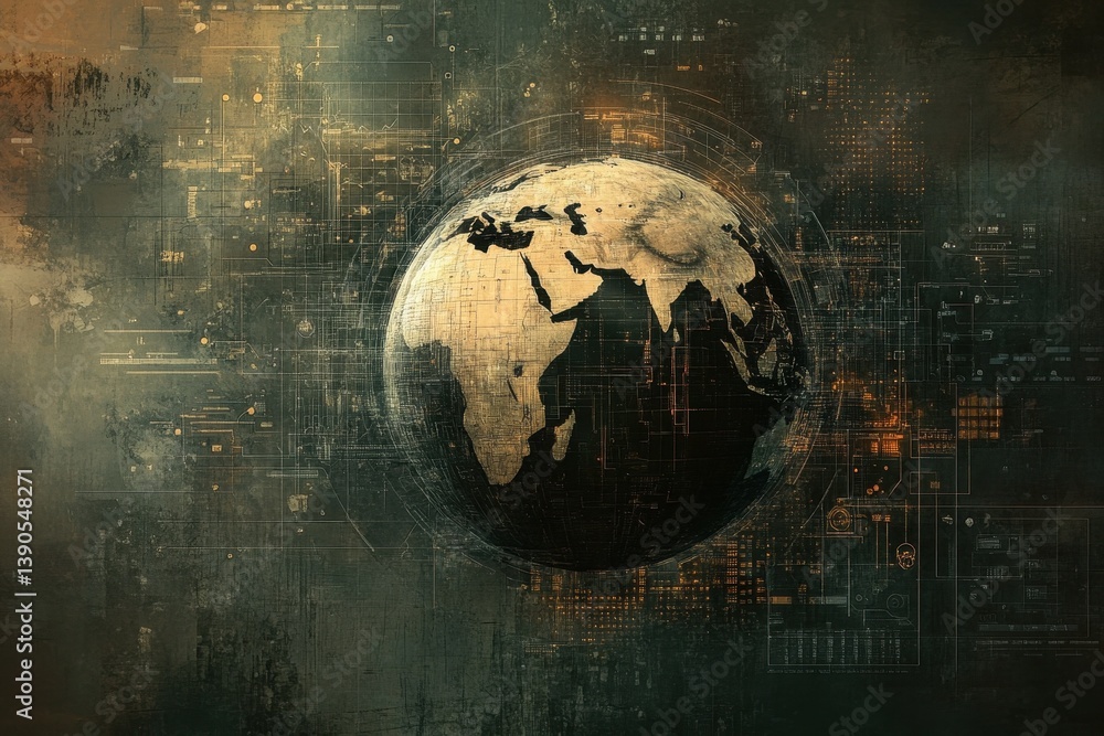 Poster data processing and global diagrams visualizing information on a digital globe, data processing and 