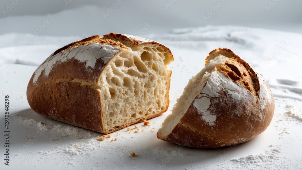 Poster fresh bread split in half against a white backdrop