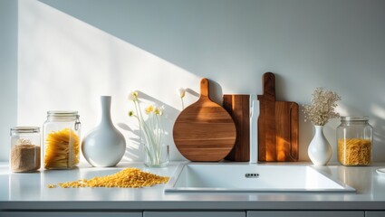 Counters in the kitchen featuring a sink and utensils, primarily white.