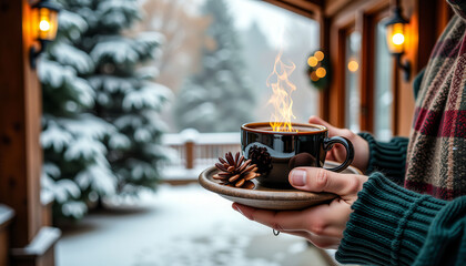 Naklejka premium A person is holding a cup of hot chocolate with a lit candle in it. The scene is set in a snowy environment, with a tree in the background. The person is wearing a green sweater