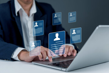 HR manager evaluating resumes and applicant data using online platform hiring, modern recruitment,...