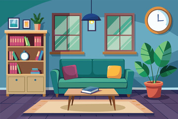 A vibrant living room features a green sofa with colorful cushions, a wooden bookshelf filled with books, and a potted plant in the corner, creating a cozy atmosphere.