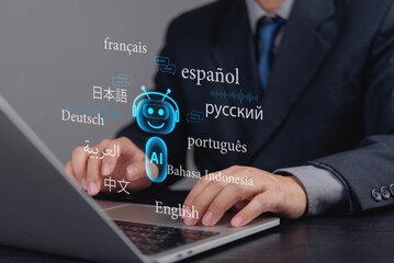 Digital chatbot interface translating several global languages, representing multilingual AI...
