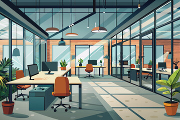 This modern open office features glass walls and natural light, showcasing desks with computers and plants, promoting a vibrant work environment.