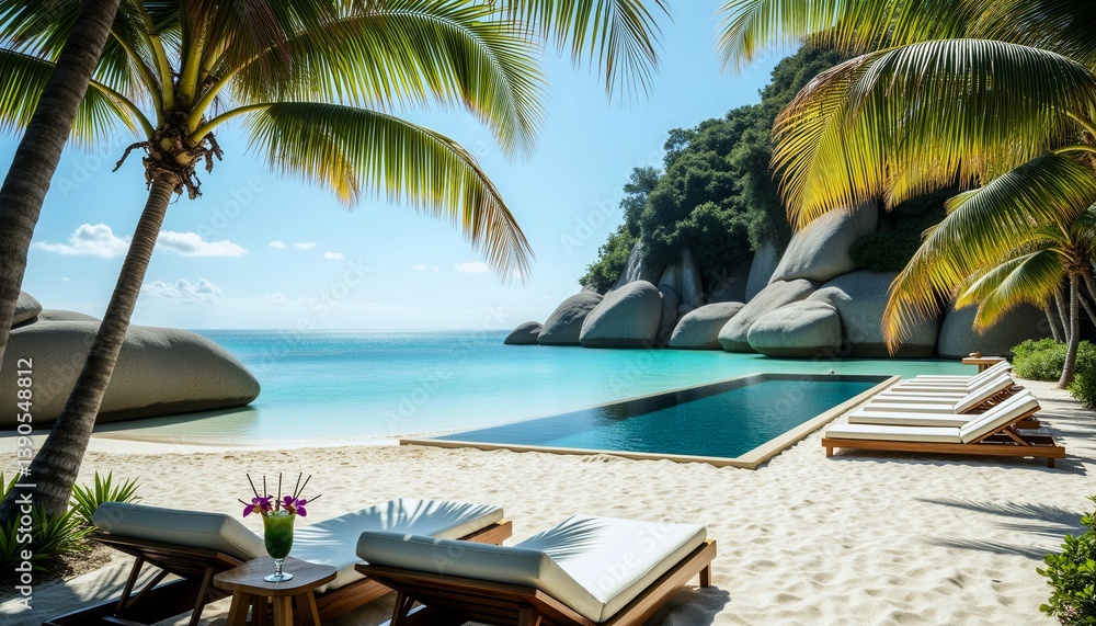 Poster a beautiful beach with palm trees and a pool. the pool is surrounded by white lounge chairs and a ta