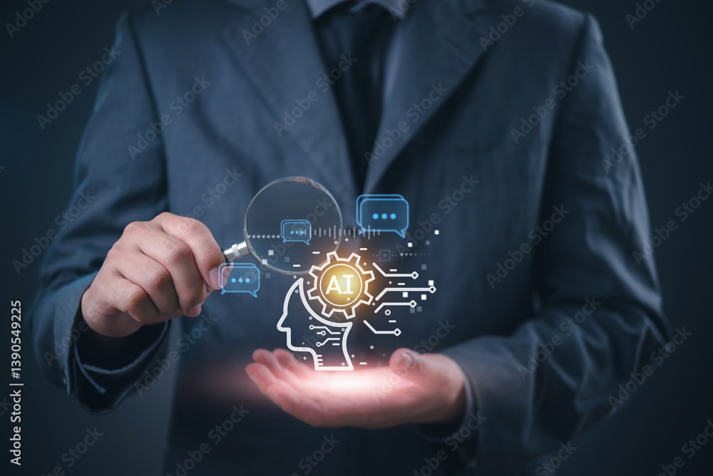 Poster business technology innovation with ai brain icon and magnifying glass, development and innovation a