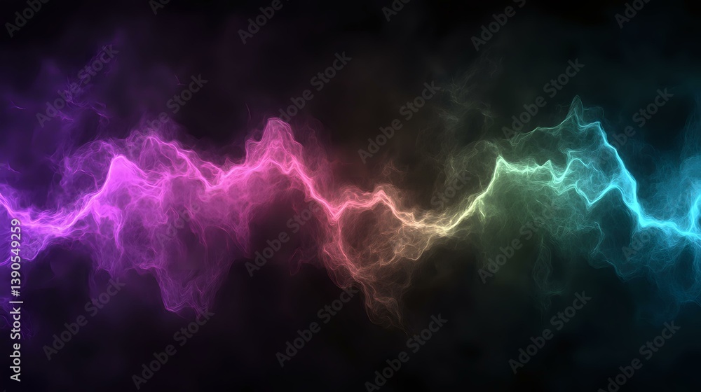 Poster vibrant energy wave with gradient color transition from purple to blue, glowing neon effect on dark 