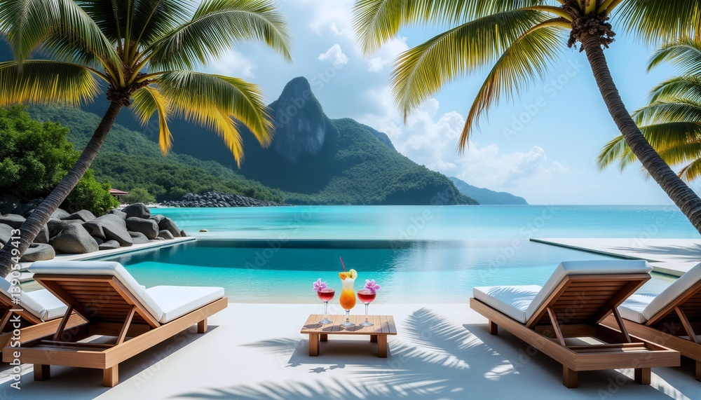 Poster a beautiful beach with palm trees and a pool. the pool is surrounded by white lounge chairs and a ta