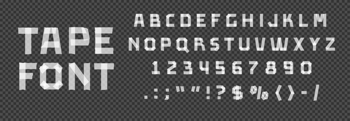 Sticky font, masking and duct tape typeface, adhesive sticker alphabet letters, paper scotch type vector typography set. White sticky paper duct tape font letters and numbers on transparent background