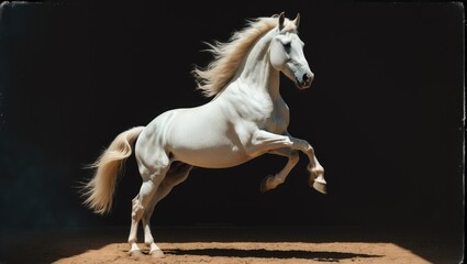 White horse standing on its hind legs isolated against a black backdrop.