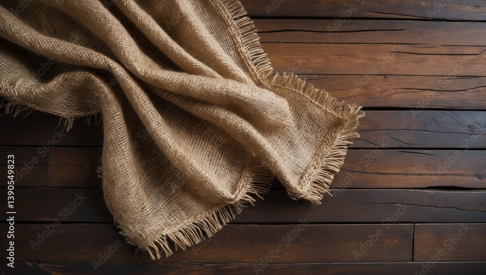 Poster wooden background table featuring burlap hessian sacking from above