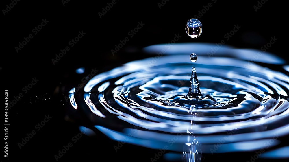 Poster water drop splash creating concentric ripple circles on dark surface with floating droplet captured 