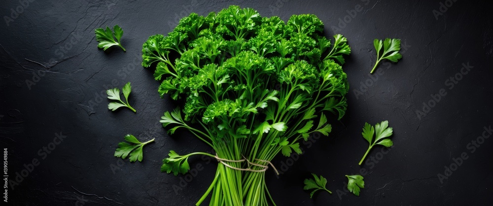 Poster isolated bunch of parsley against a black backdrop with room for text. aerial perspective.