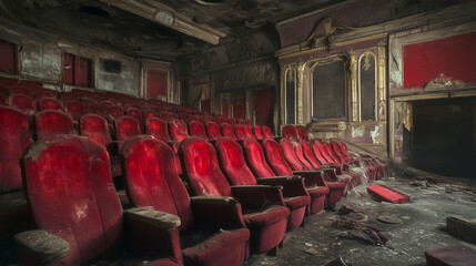 Empty red leather recliner seats in abandoned movie theater. Concept for decline in movie ticket sales