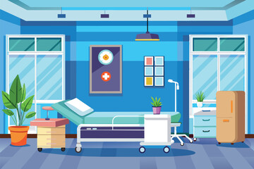 A hospital room features a comfortable bed and medical supplies. Bright blue walls and plants create a welcoming atmosphere, suitable for patient recovery and care.