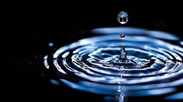 Water drop splash creating concentric ripple circles on dark surface with floating droplet captured in high speed macro photography. Blue tones and reflections add depth.