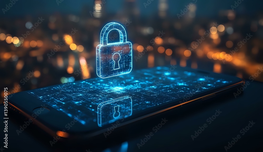 Poster glowing digital padlock hologram floating over smartphone screen with city lights bokeh background r