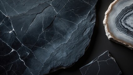 Background featuring natural black marble pattern, rustic matte ceramic floor tiles of exotic abstract limestone, polished mineral slice of granite stone, texture of quartzite agate.