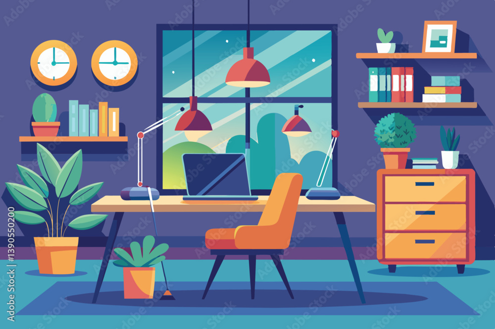 Poster a stylish workspace features a desk with a computer and bright lamps, surrounded by plants and books