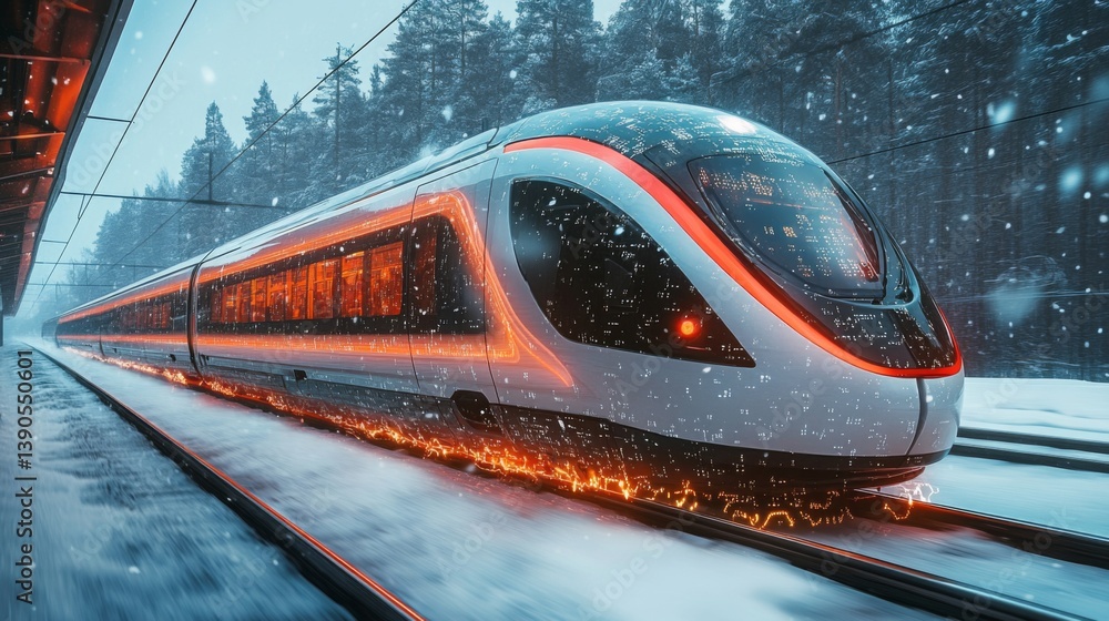 Poster a futuristic smart train is seen gliding along snowy tracks, highlighting automation and advanced in